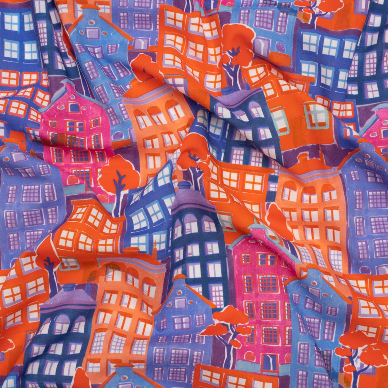 1 Yard Cotton Voile Purple, Orange, and Blue Houses Sunlit City Print Fabric